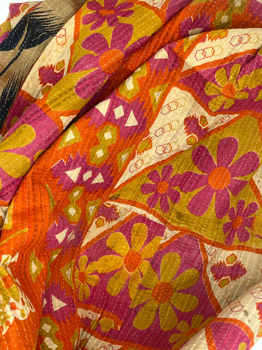 Indian 1960's Orange Floral quilt