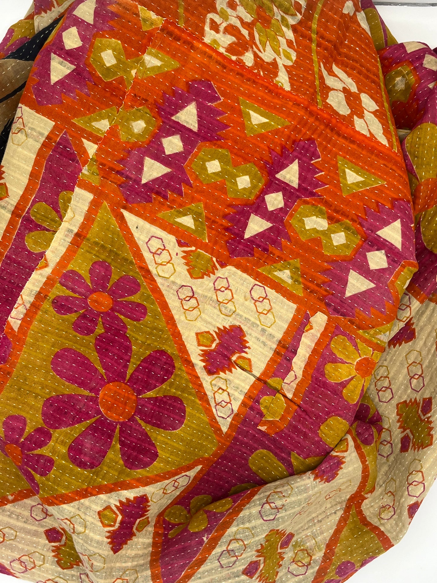 Indian 1960's Orange Floral quilt